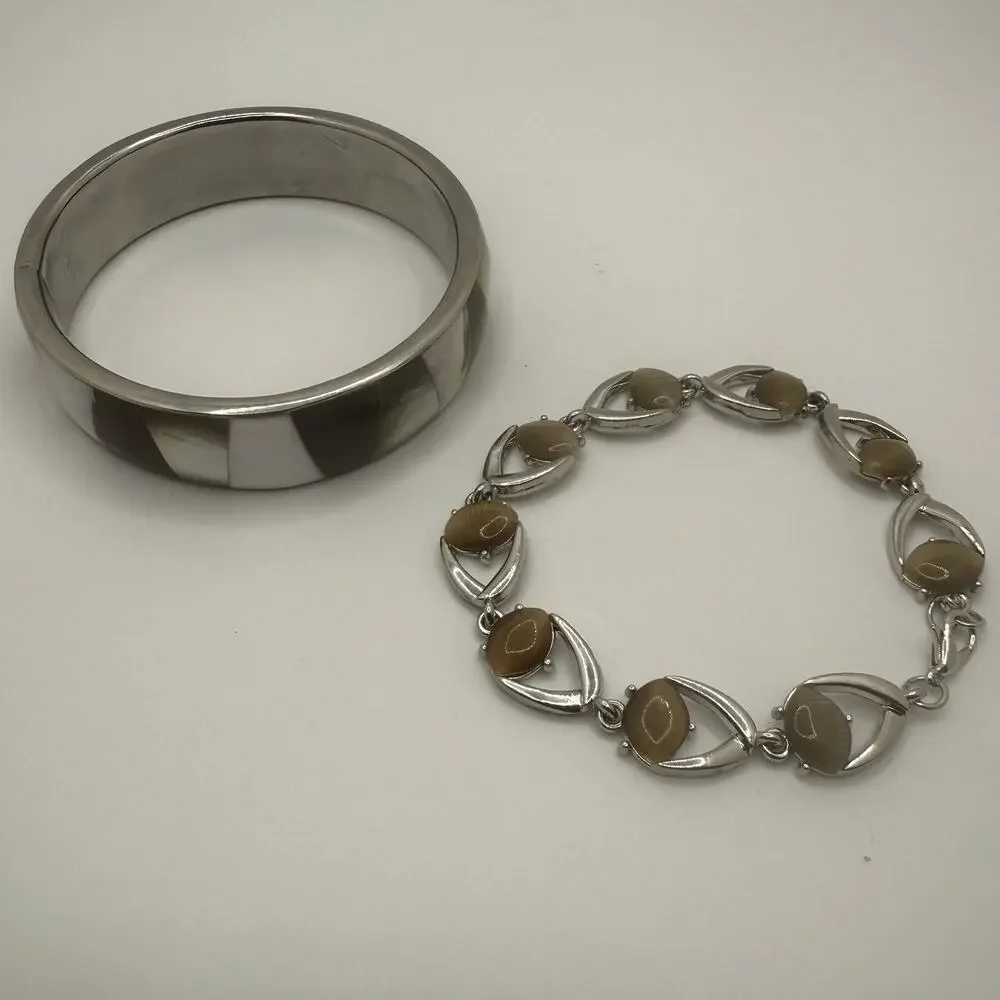 Two Silver Tone Bracelets Mother of Pearl Bangle 7.75” Glass Stone Tennis 7.5” - Picture 1 of 9